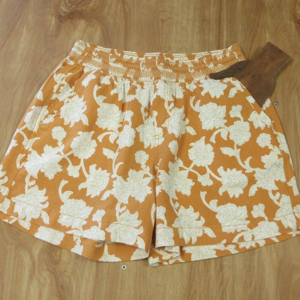 BRIGGS Linen‎ Blend Pull On Shorts Womens Size M Cream Flowers Orange Floral NWT